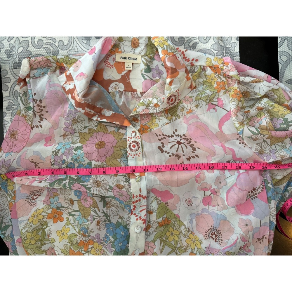 Pink Ripple Mixed Floral Patchwork Button Down Ruffle Mini Dress Small - Picture 3 of 3